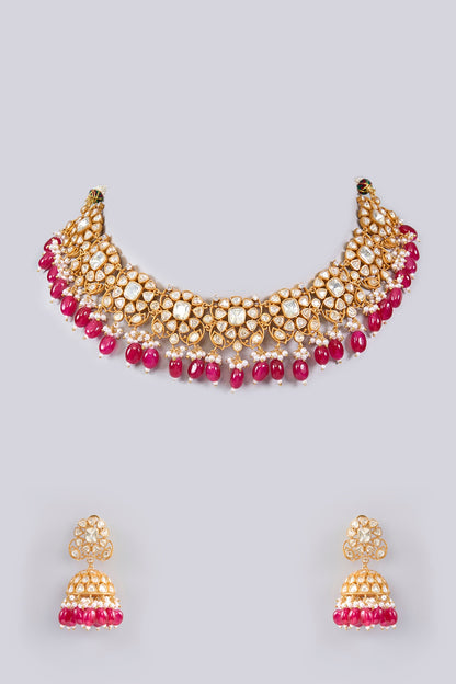 Gold Finish Moissanite & Red Pearl Necklace Set