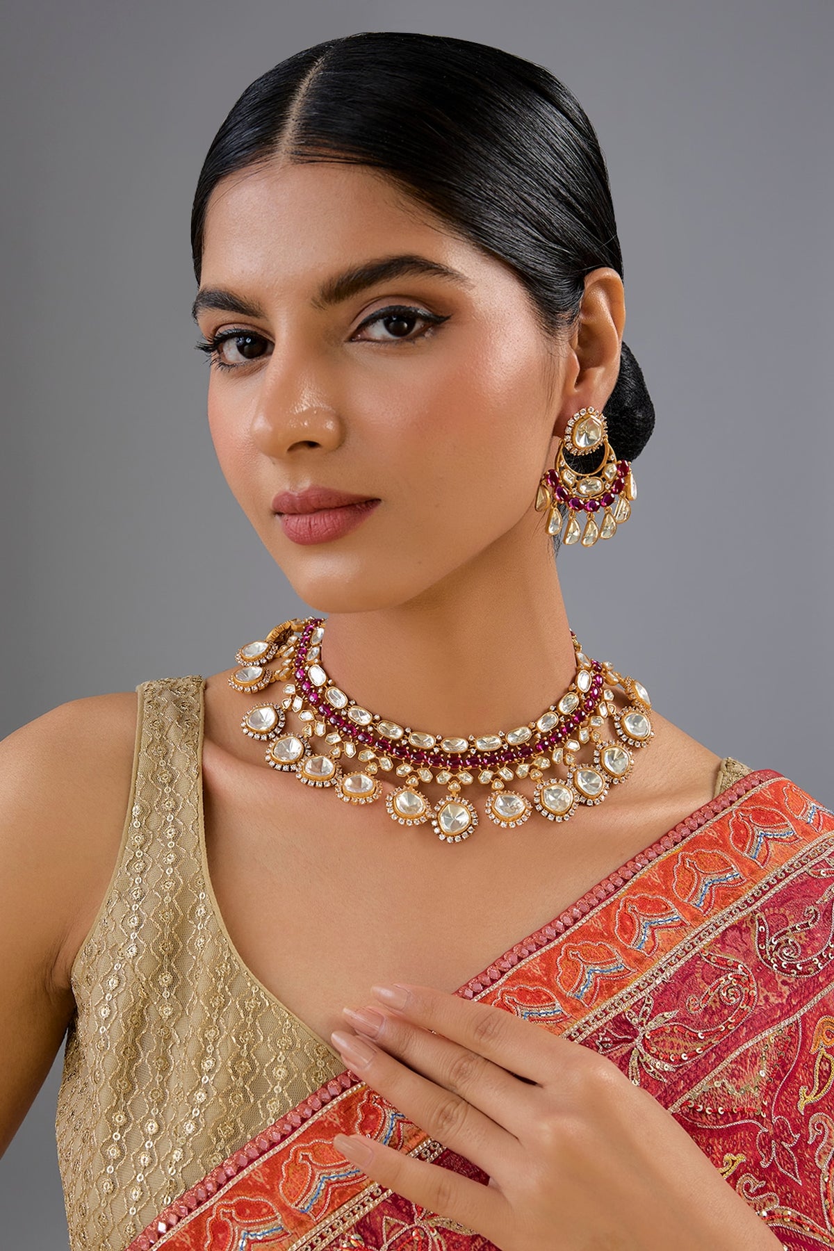 Gold Finish Moissanite & Red Pearl Necklace Set
