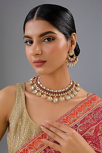 Gold Finish Moissanite & Red Pearl Necklace Set