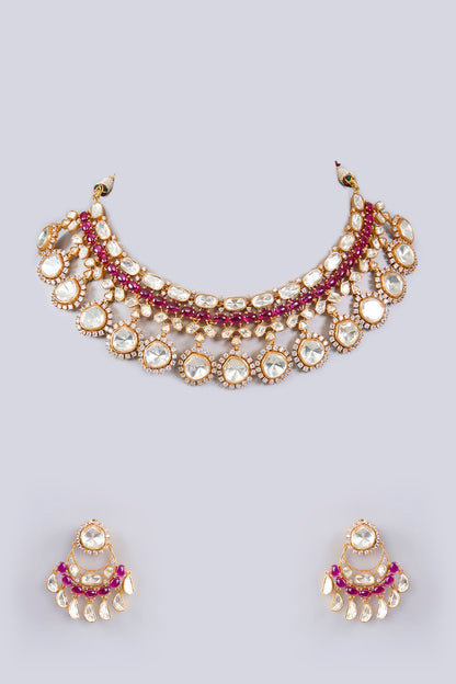 Gold Finish Moissanite & Red Pearl Necklace Set