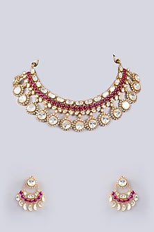 Gold Finish Moissanite & Red Pearl Necklace Set