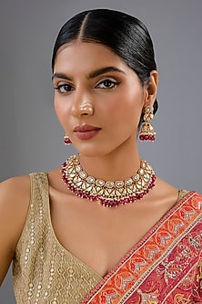 Gold Finish Moissanite & Red Pearl Necklace Set