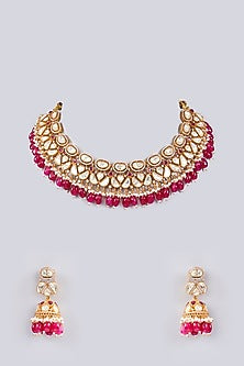 Gold Finish Moissanite & Red Pearl Necklace Set