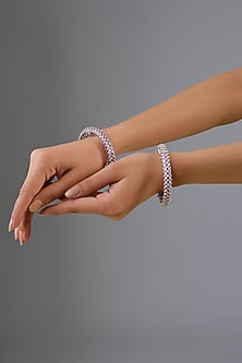 White Finish Diamond & Pink Stone Openable Bangles (Set Of 2)