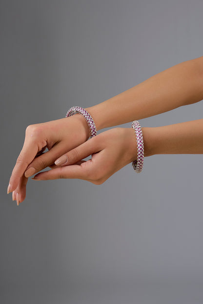 White Finish Diamond & Pink Stone Openable Bangles (Set Of 2)