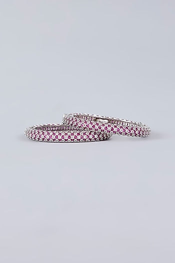 White Finish Diamond & Pink Stone Openable Bangles (Set Of 2)