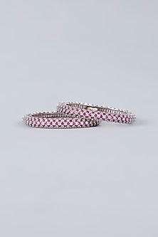 White Finish Diamond & Pink Stone Openable Bangles (Set Of 2)