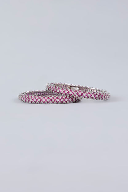 White Finish Diamond & Pink Stone Openable Bangles (Set Of 2)