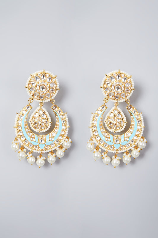 Gold Plated Kundan Polki Meenakari Chandbali Earrings