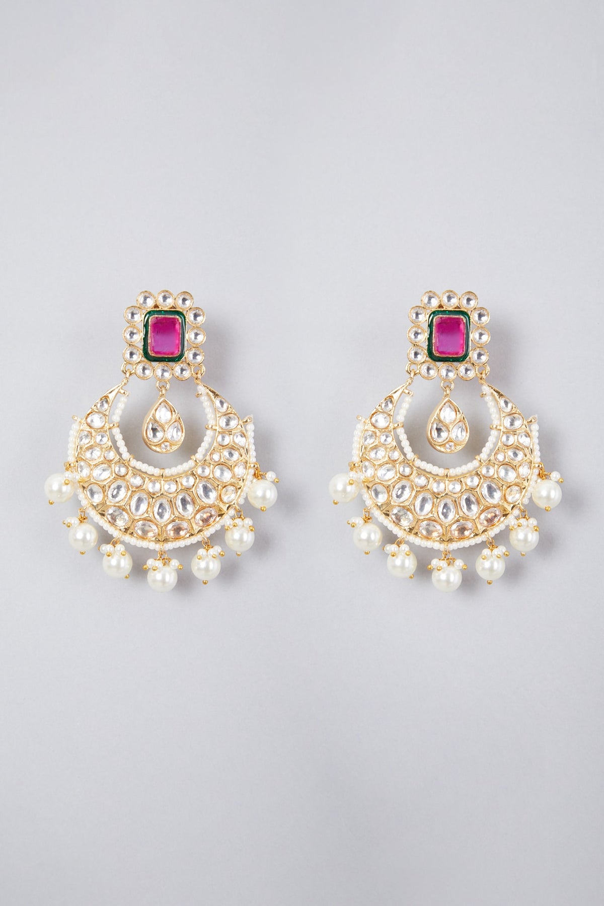 Gold Plated Kundan Polki & Ruby Chandbali Earrings