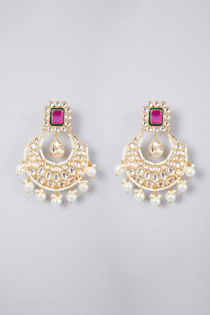 Gold Plated Kundan Polki & Ruby Chandbali Earrings