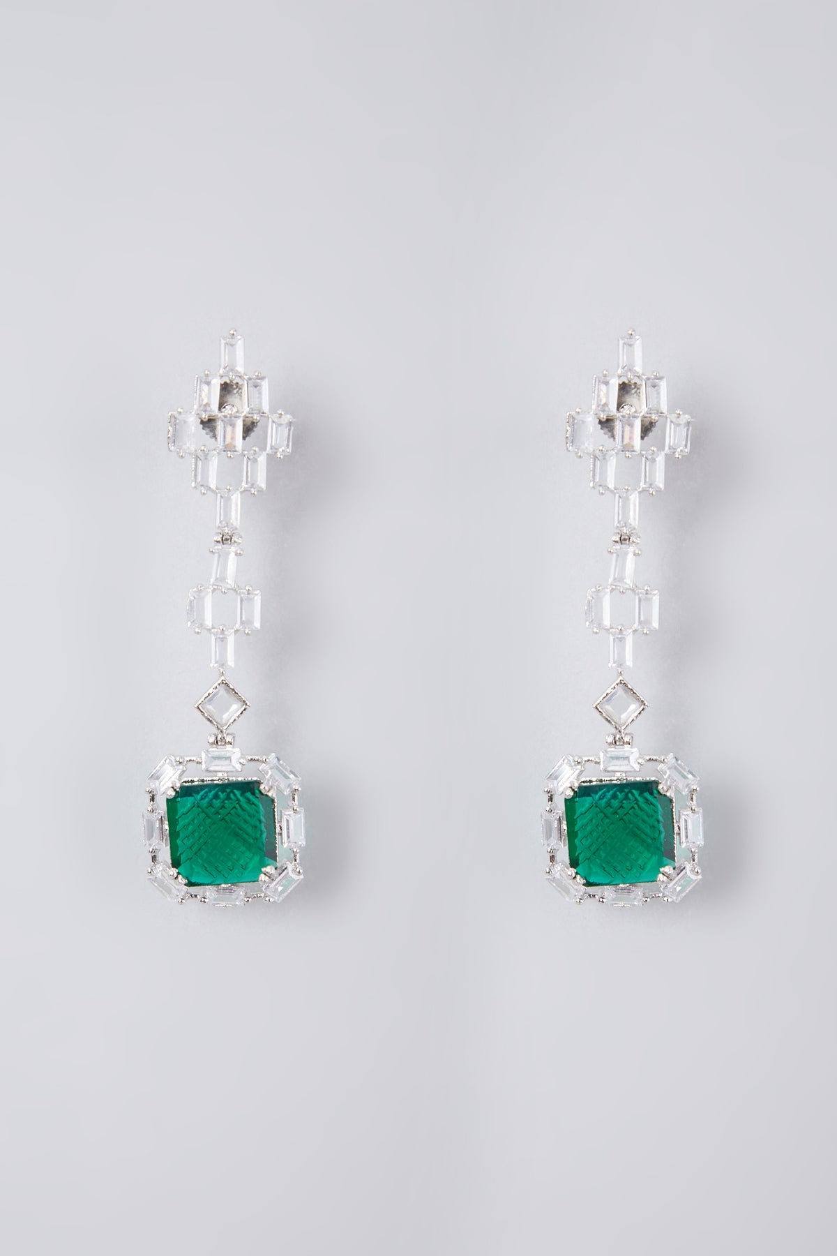 White Finish Diamond & Emerald Stone Dangler Earrings