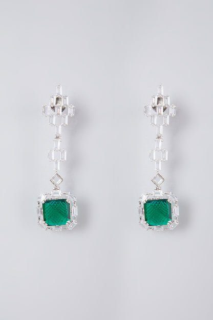 White Finish Diamond & Emerald Stone Dangler Earrings