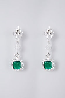 White Finish Diamond & Emerald Stone Dangler Earrings