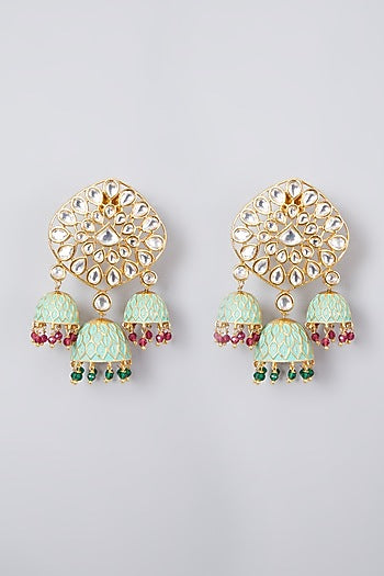 Gold Plated Kundan Polki Triple Meenakari Jhumka Earrings