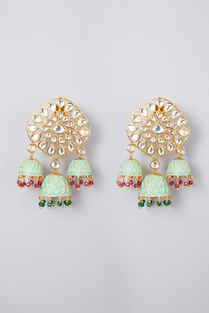 Gold Plated Kundan Polki Triple Meenakari Jhumka Earrings