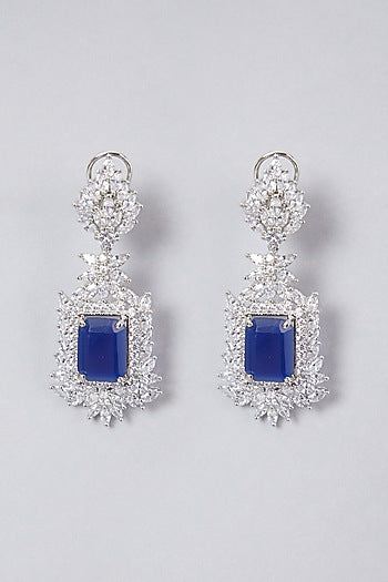 White Finish Sapphire Stone & Diamond Dangler Earrings