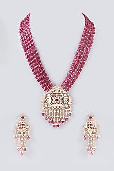 Gold Finish Red Kundan Polki & Pearl Long Necklace Set