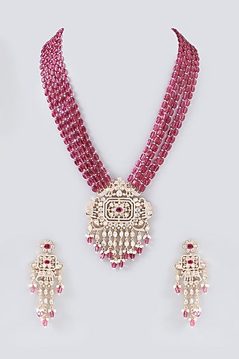 Gold Finish Red Kundan Polki & Pearl Long Necklace Set