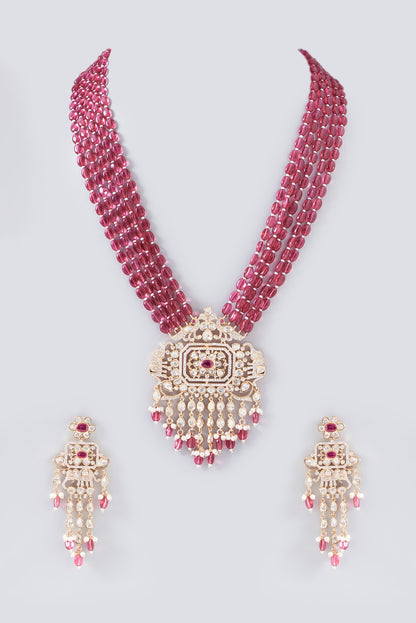 Gold Finish Red Kundan Polki & Pearl Long Necklace Set
