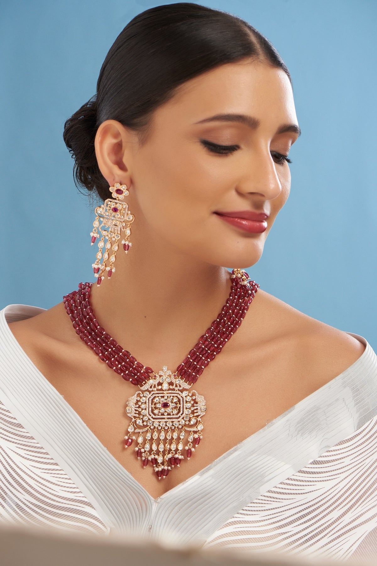 Gold Finish Red Kundan Polki & Pearl Long Necklace Set