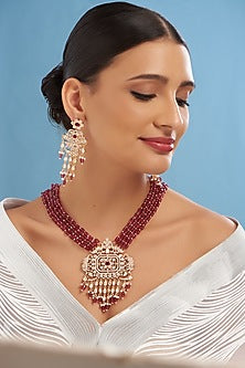 Gold Finish Red Kundan Polki & Pearl Long Necklace Set