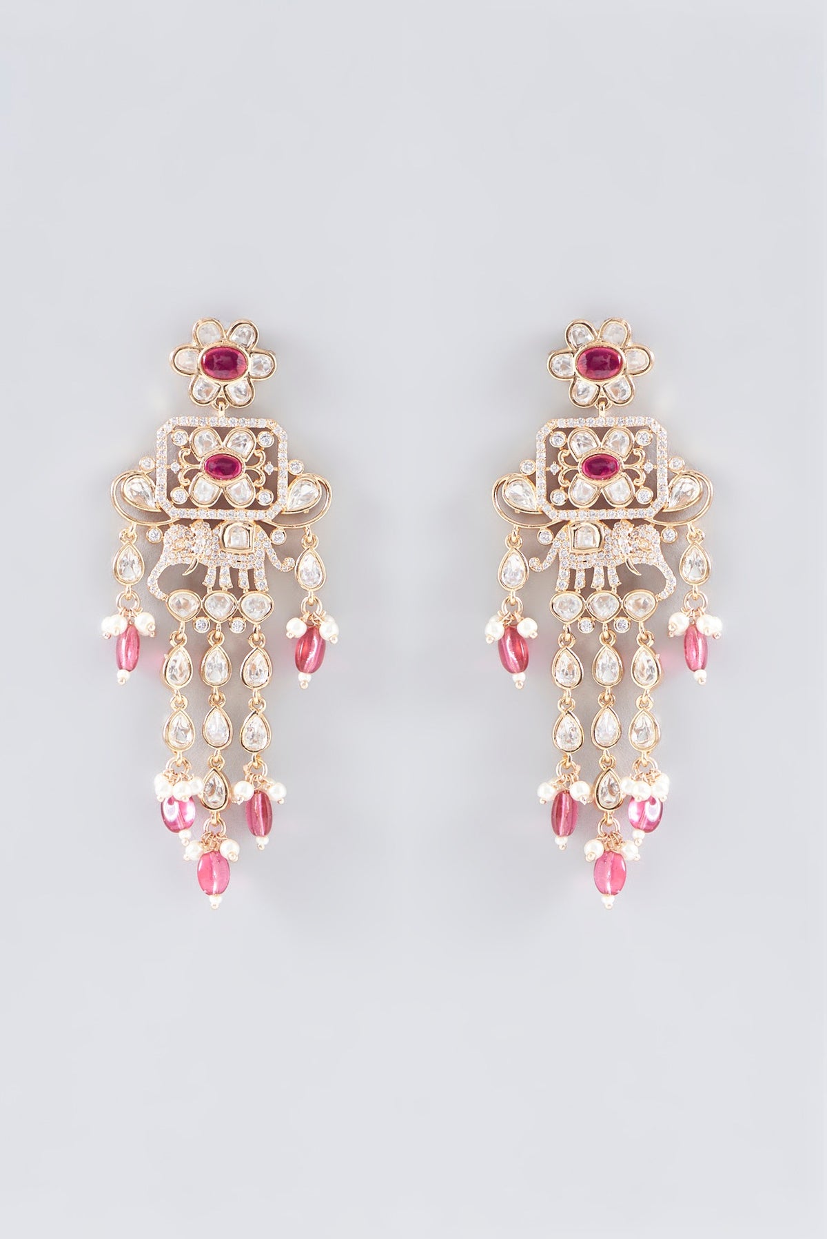Gold Finish Red Kundan Polki & Pearl Long Necklace Set