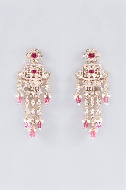 Gold Finish Red Kundan Polki & Pearl Long Necklace Set