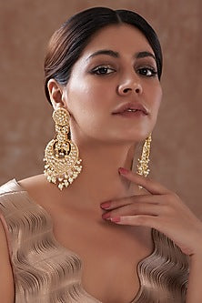 Gold Finish White Kundan Polki Dangler Earrings