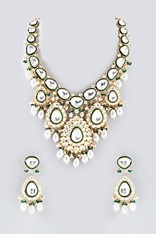 Gold Plated Green Kundan Polki & Pearl Necklace Set