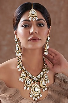 Gold Plated Green Kundan Polki & Pearl Necklace Set