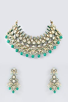 Gold Plated Green Kundan Polki & Pearl Necklace Set