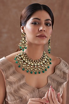 Gold Plated Green Kundan Polki & Pearl Necklace Set