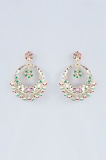 Gold Finish Multi-Colored Kundan Polki Chandbali Earrings
