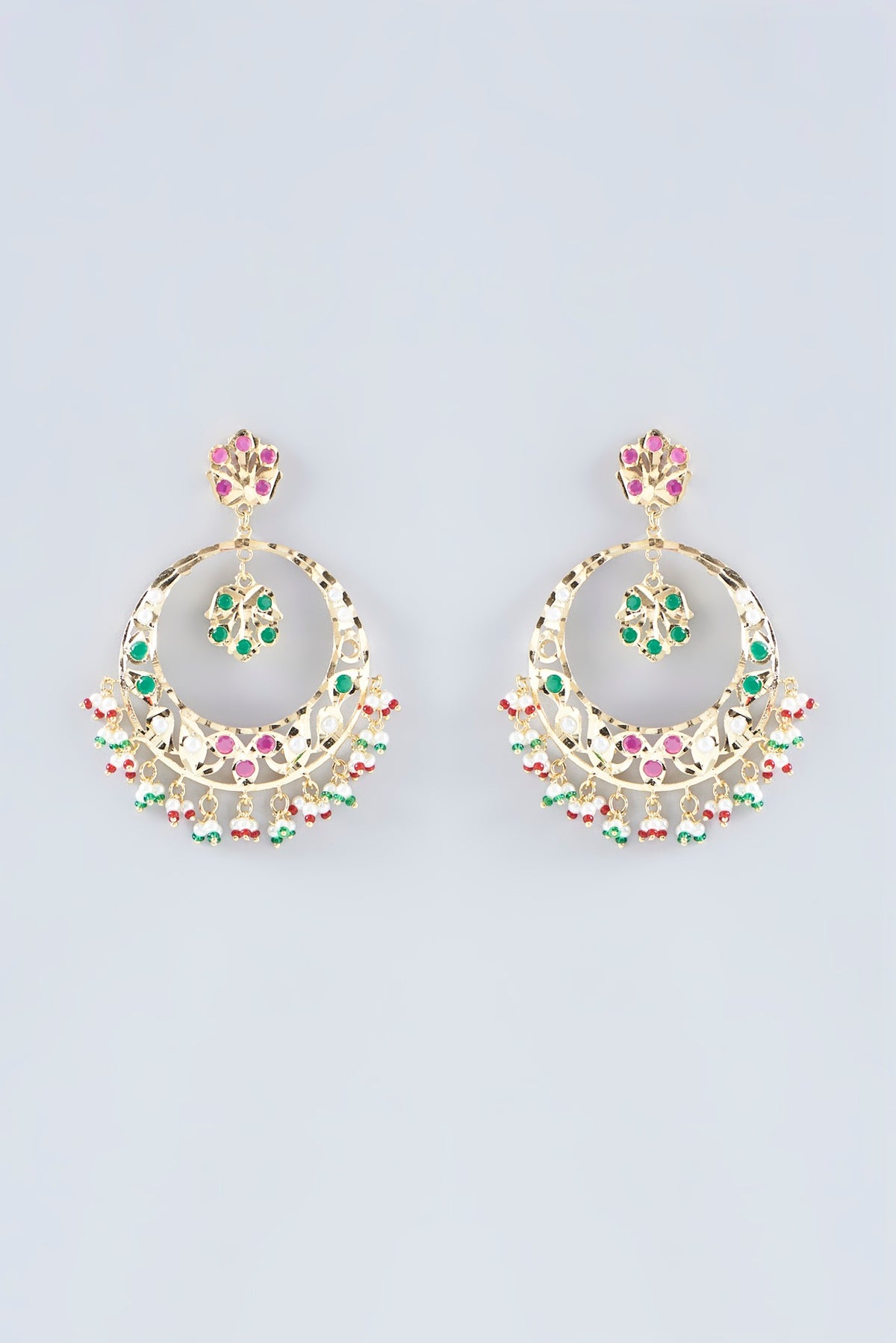 Gold Finish Multi-Colored Kundan Polki Chandbali Earrings