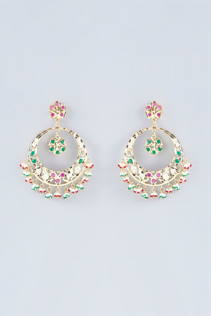 Gold Finish Multi-Colored Kundan Polki Chandbali Earrings