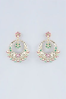 Gold Finish Multi-Colored Kundan Polki Chandbali Earrings