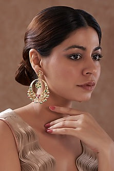 Gold Finish Multi-Colored Kundan Polki Chandbali Earrings