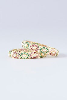 Gold Finish Ruby & Emerald Kada (Set Of 2)