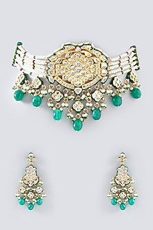 Gold Finish Green Kundan Polki & Pearl Choker Necklace Set