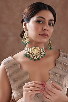 Gold Finish Green Kundan Polki & Pearl Choker Necklace Set