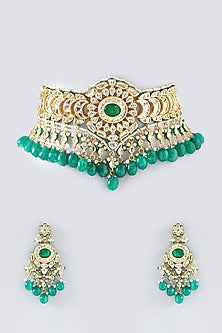 Gold Finish Kundan Polki & Green Stone Necklace Set