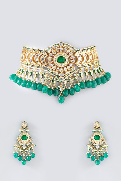 Gold Finish Kundan Polki & Green Stone Necklace Set