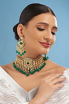 Gold Finish Kundan Polki & Green Stone Necklace Set