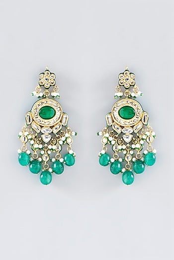Gold Finish Kundan Polki & Green Stone Necklace Set