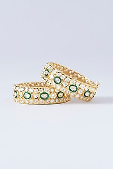 Gold Finish Kundan Polki & Green Stone Kadas (Set Of 2)