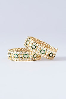 Gold Finish Kundan Polki & Green Stone Kadas (Set Of 2)