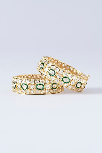 Gold Finish Kundan Polki & Green Stone Kadas (Set Of 2)