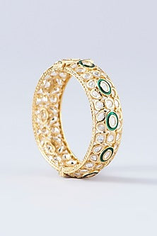 Gold Finish Kundan Polki & Green Stone Kadas (Set Of 2)