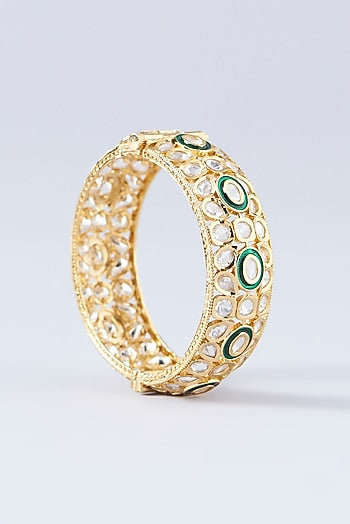 Gold Finish Kundan Polki & Green Stone Kadas (Set Of 2)